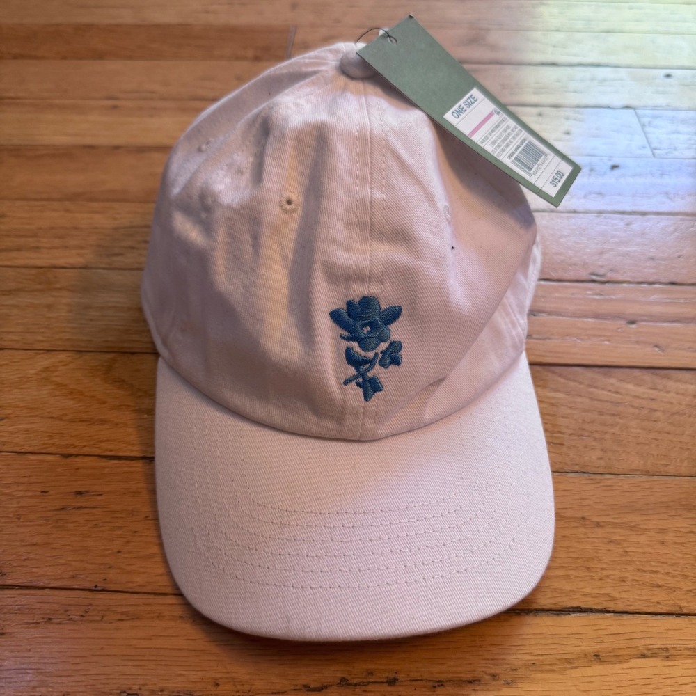Goodfellow & Co Mens Off-White Cotton Baseball Hat Blue Flower Leather Strap NWT